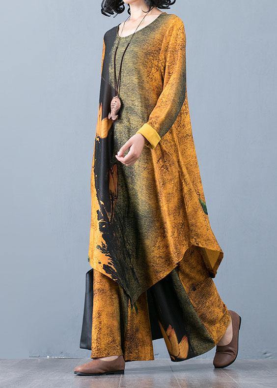 Autumn Knitted Yellow Print Irregular Medium Long Top Loose Wide Leg Pants Two Piece Set