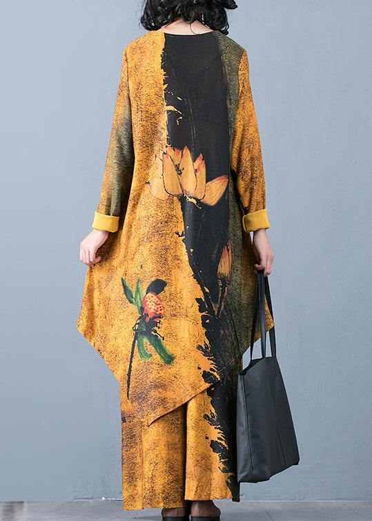 Autumn Knitted Yellow Print Irregular Medium Long Top Loose Wide Leg Pants Two Piece Set