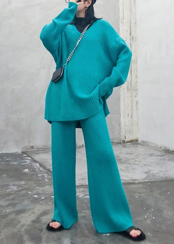 Autumn and winter suit 2025 new women's fashion knitted wide leg pants blue green two piece