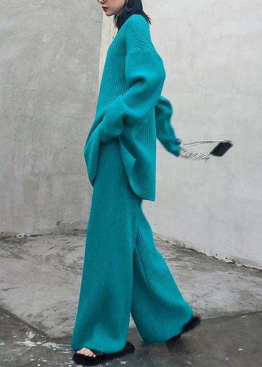 Autumn and winter suit 2025 new women's fashion knitted wide leg pants blue green two piece