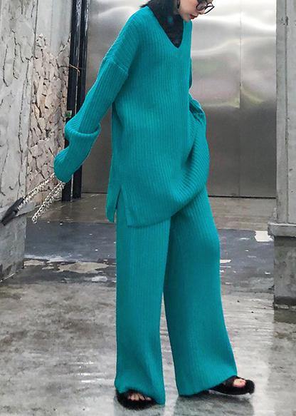 Autumn and winter suit 2025 new women's fashion knitted wide leg pants blue green two piece