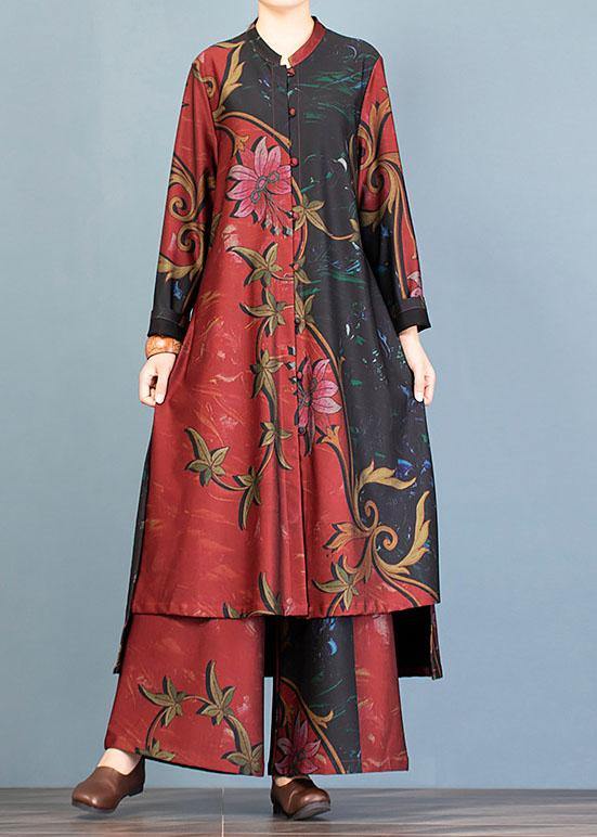 Autumn large size retro long coat jacket loose wide leg pants red printed two-piece suit