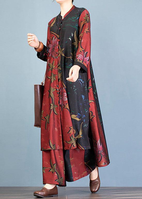 Autumn large size retro long coat jacket loose wide leg pants red printed two-piece suit