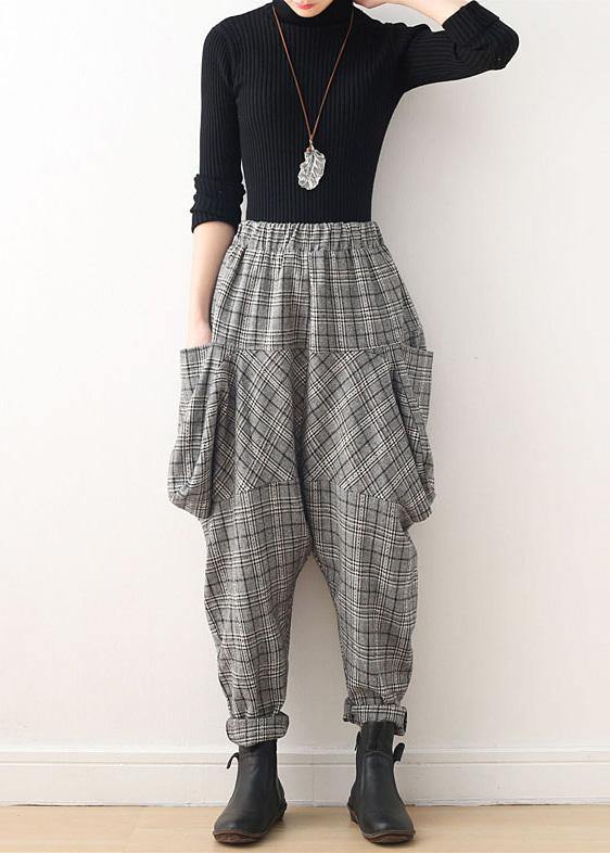 Autumn new retro thick large size warm knitted gray plaid harem bloomers