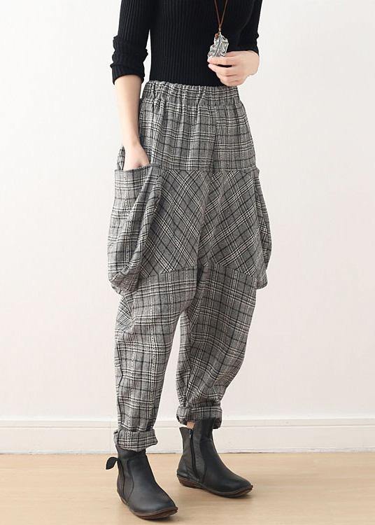 Autumn new retro thick large size warm knitted gray plaid harem bloomers