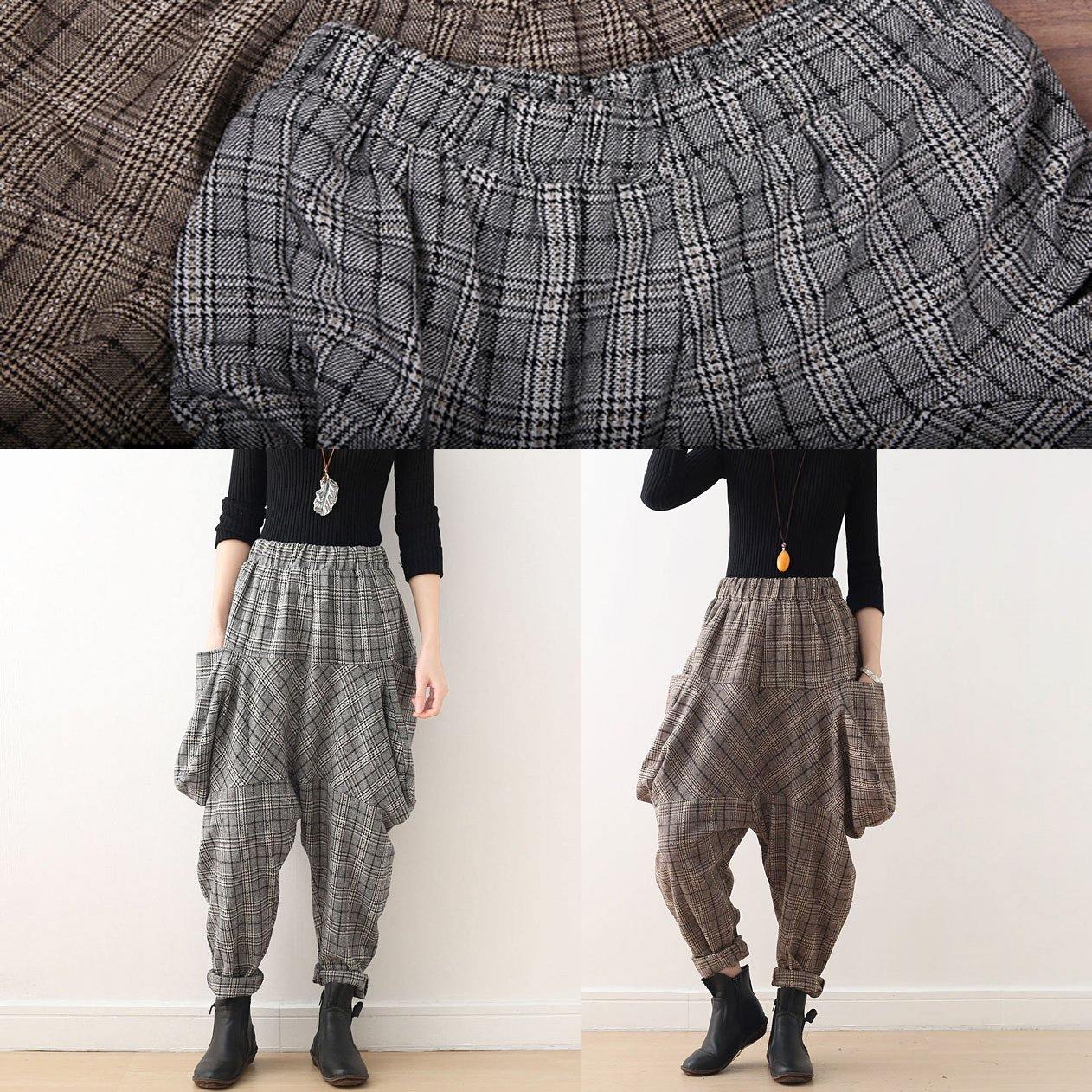 Autumn new retro thick large size warm knitted gray plaid harem bloomers