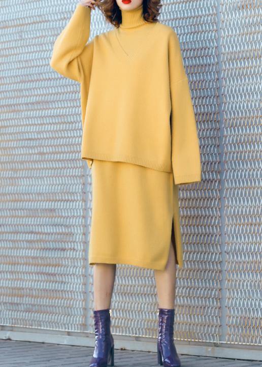 Autumn new temperament yellow high collar long-sleeved sweater suit skirt two-piece