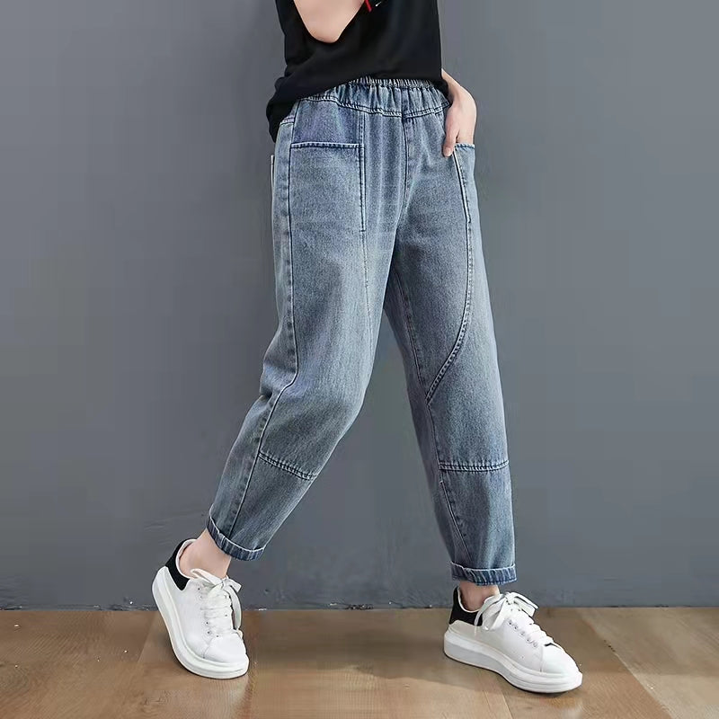 Autumn new blue lace-up elastic waist harem jeans