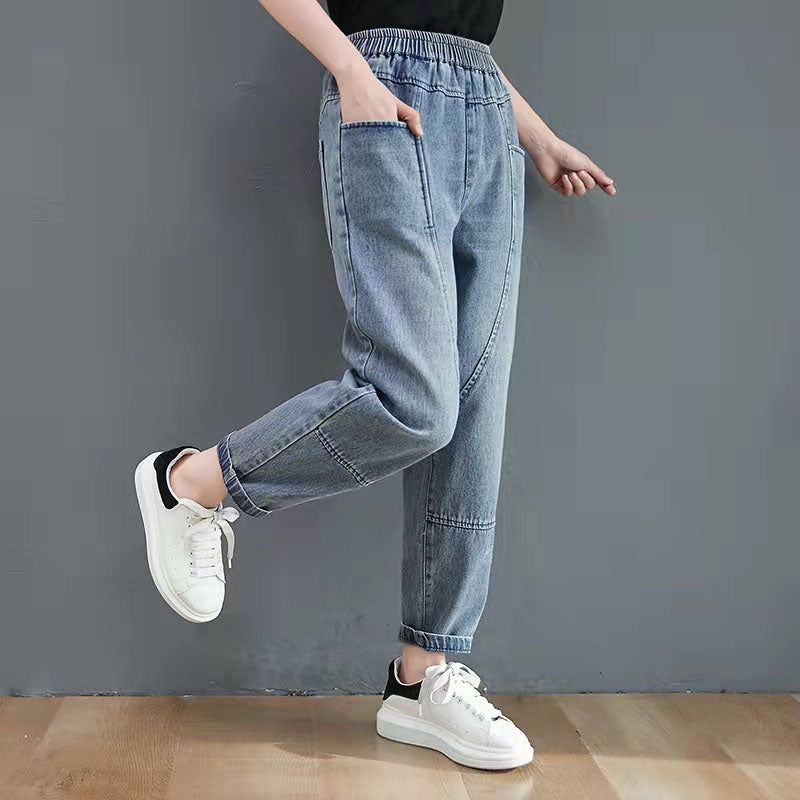 Autumn new blue lace-up elastic waist harem jeans