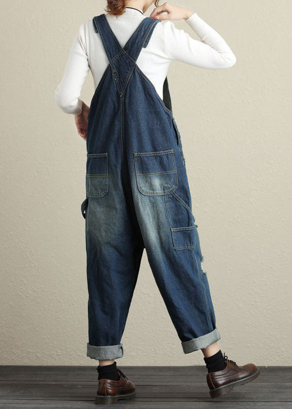 Baggy Navy Pockets Patchwork Denim Jumpsuits Spring