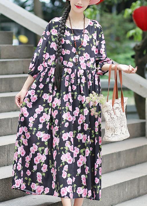 Beach Black Print Chiffon Clothes Plus Size Ideas O Neck Half Sleeve Summer Dress