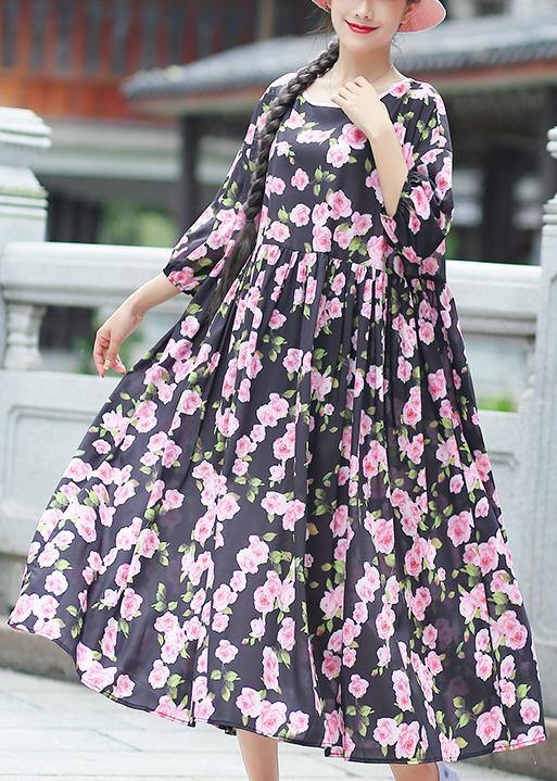 Beach Black Print Chiffon Clothes Plus Size Ideas O Neck Half Sleeve Summer Dress