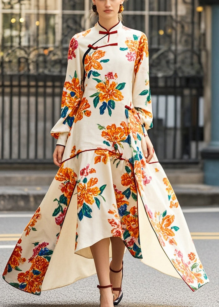 Beautiful Apricot Print Asymmetrical Side Open Chinese Style Dress Spring