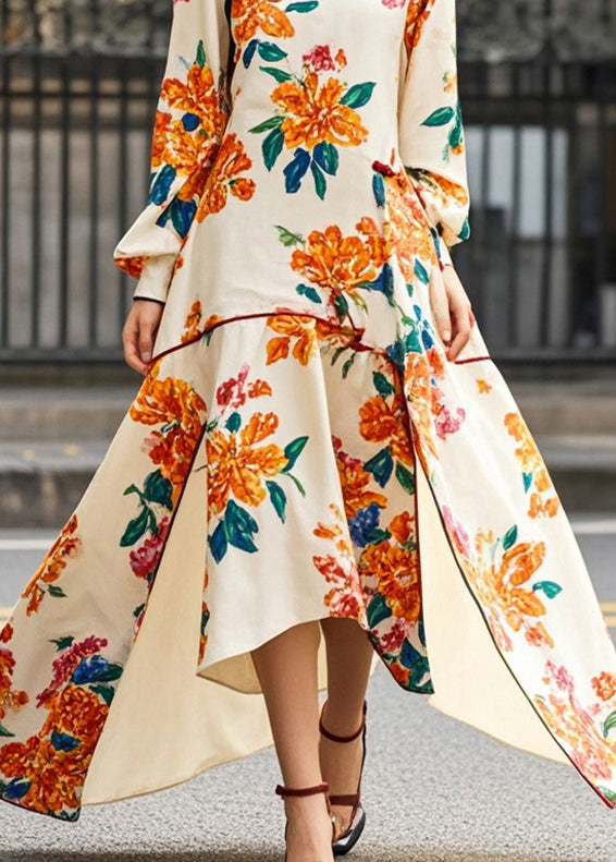 Beautiful Apricot Print Asymmetrical Side Open Chinese Style Dress Spring