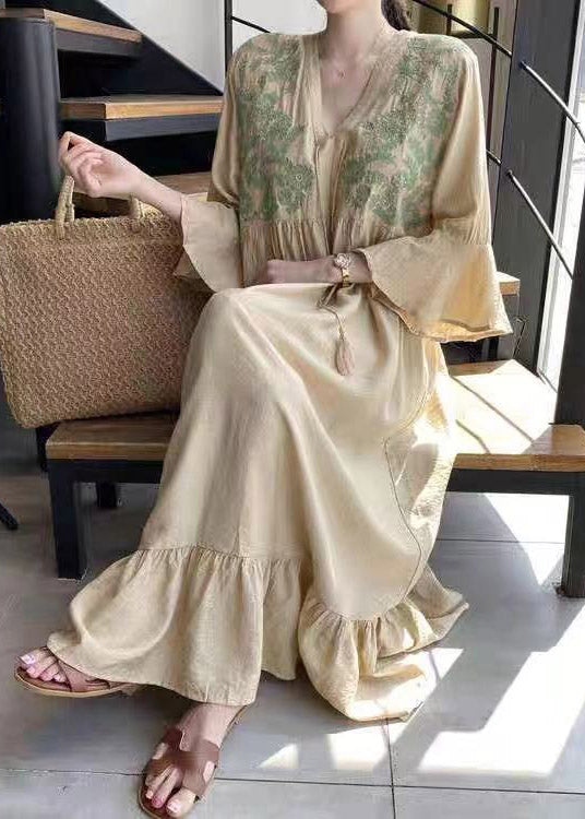 Beautiful Apricot V Neck Embroideried Ruffled Tassel Tie Waist Long Dresses Flare Sleeve