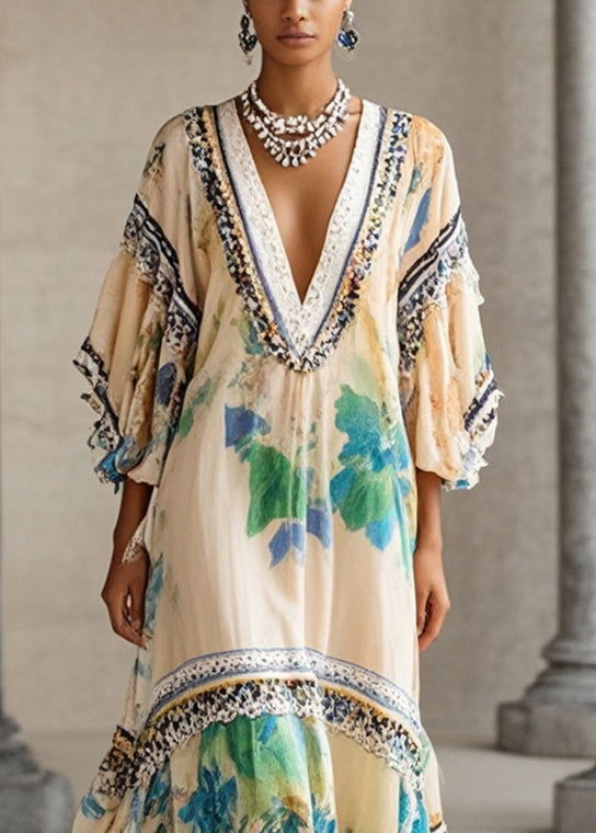 Beautiful Apricot V Neck Print Chiffon Holiday Dress Summer