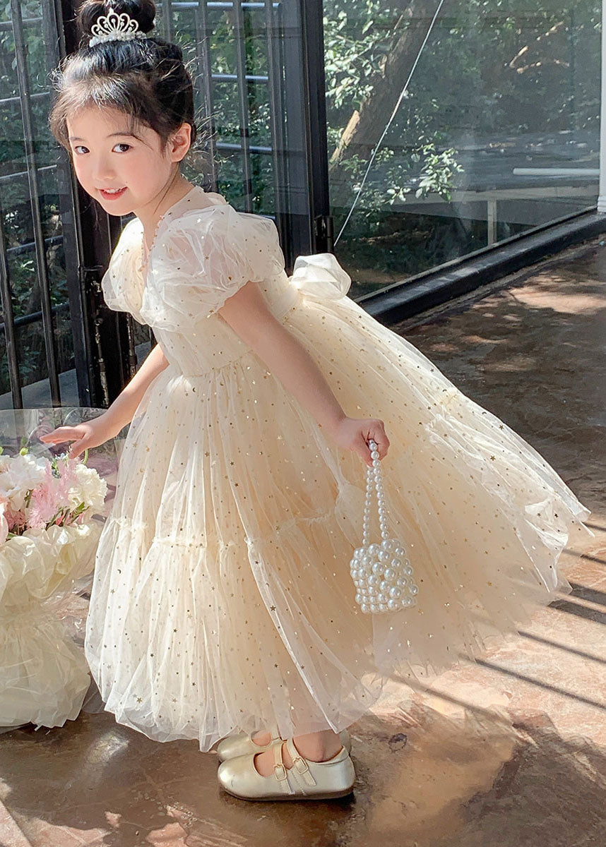 Beautiful Apricot Wrinkled Sequins Patchwork Tulle Kids Girls Dresses Summer