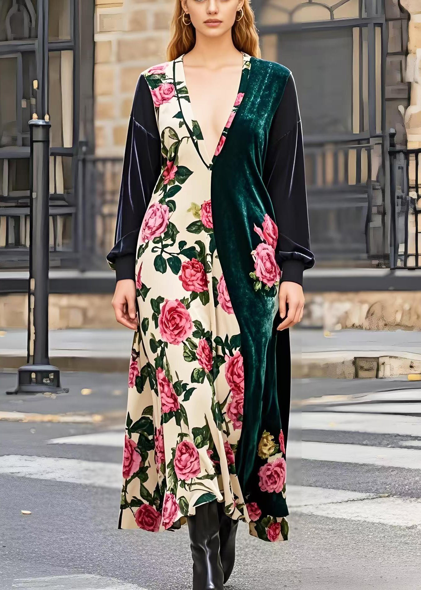 Beautiful Asymmetrical Patchwork Floral Silk Velvet Maxi Dresses Spring