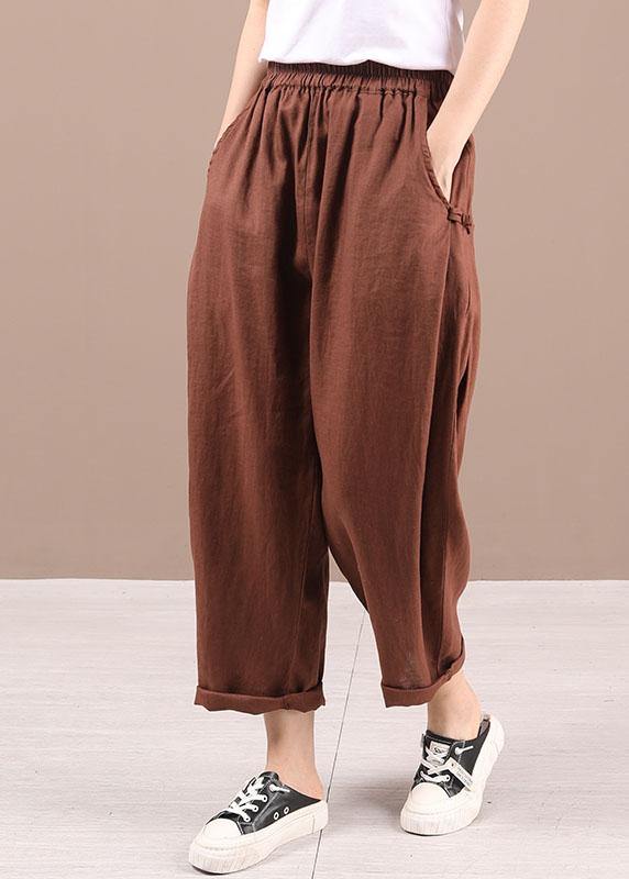 Beautiful Beige Elastic Waist Pockets Pants Trousers Linen