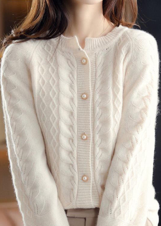 Beautiful Beige O-Neck Pearl Button Wool Knit Cardigan Winter