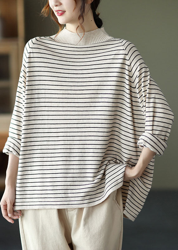 Beautiful Beige Striped Loose Knit Shirt Spring