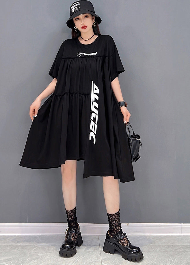 Beautiful Black Asymmetrical Wrinkled Letter Print Cotton Streetwear Dresses Short Sleeve