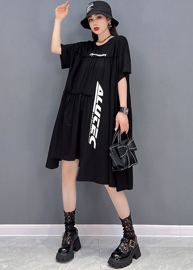 Beautiful Black Asymmetrical Wrinkled Letter Print Cotton Streetwear Dresses Short Sleeve