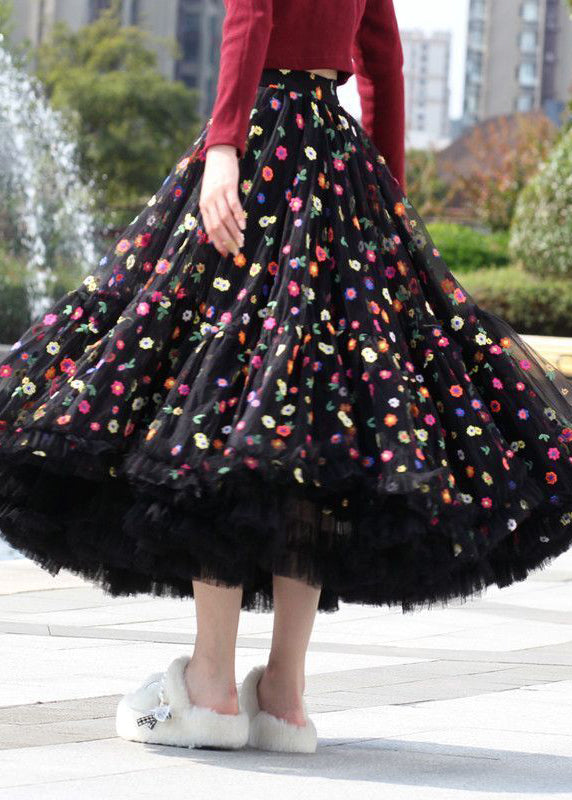 Beautiful Black Embroidered Floral Exra Large Hem Tulle Skirt Spring