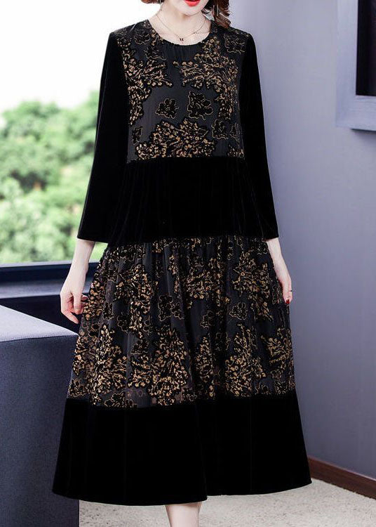 Beautiful Black Embroideried Tulle Patchwork Silk Velour Dresses Spring