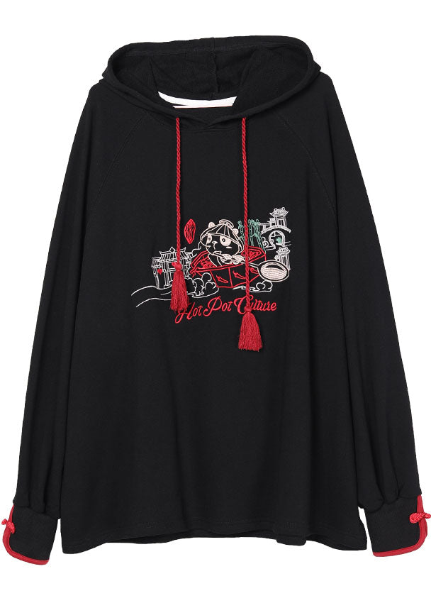 Beautiful Black Hooded Embroideried Drawstring Fall Loose Sweatshirts Top