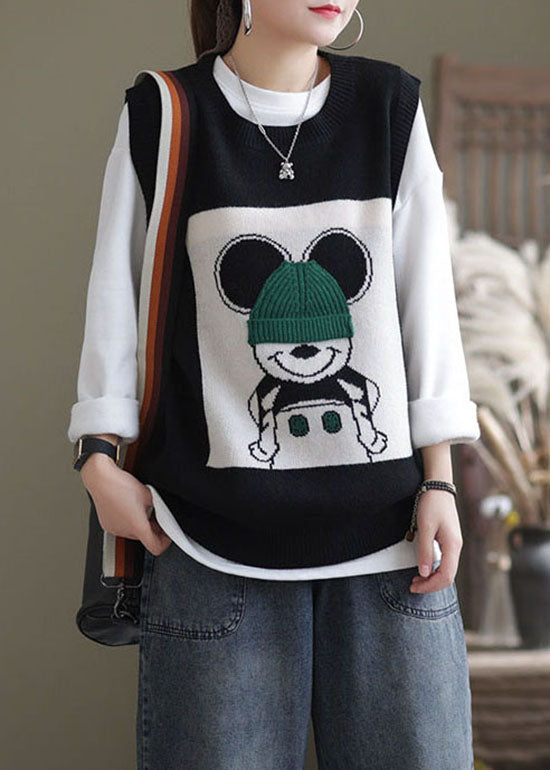 Beautiful Black O-Neck Animal Knit Vest Sleeveless