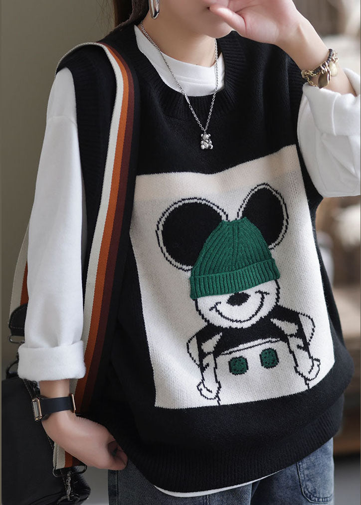 Beautiful Black O-Neck Animal Knit Vest Sleeveless