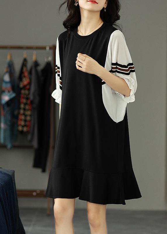 Beautiful Black Patchwork Batwing Sleeve Summer Cotton Dress