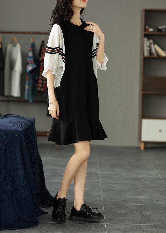 Beautiful Black Patchwork Batwing Sleeve Summer Cotton Dress