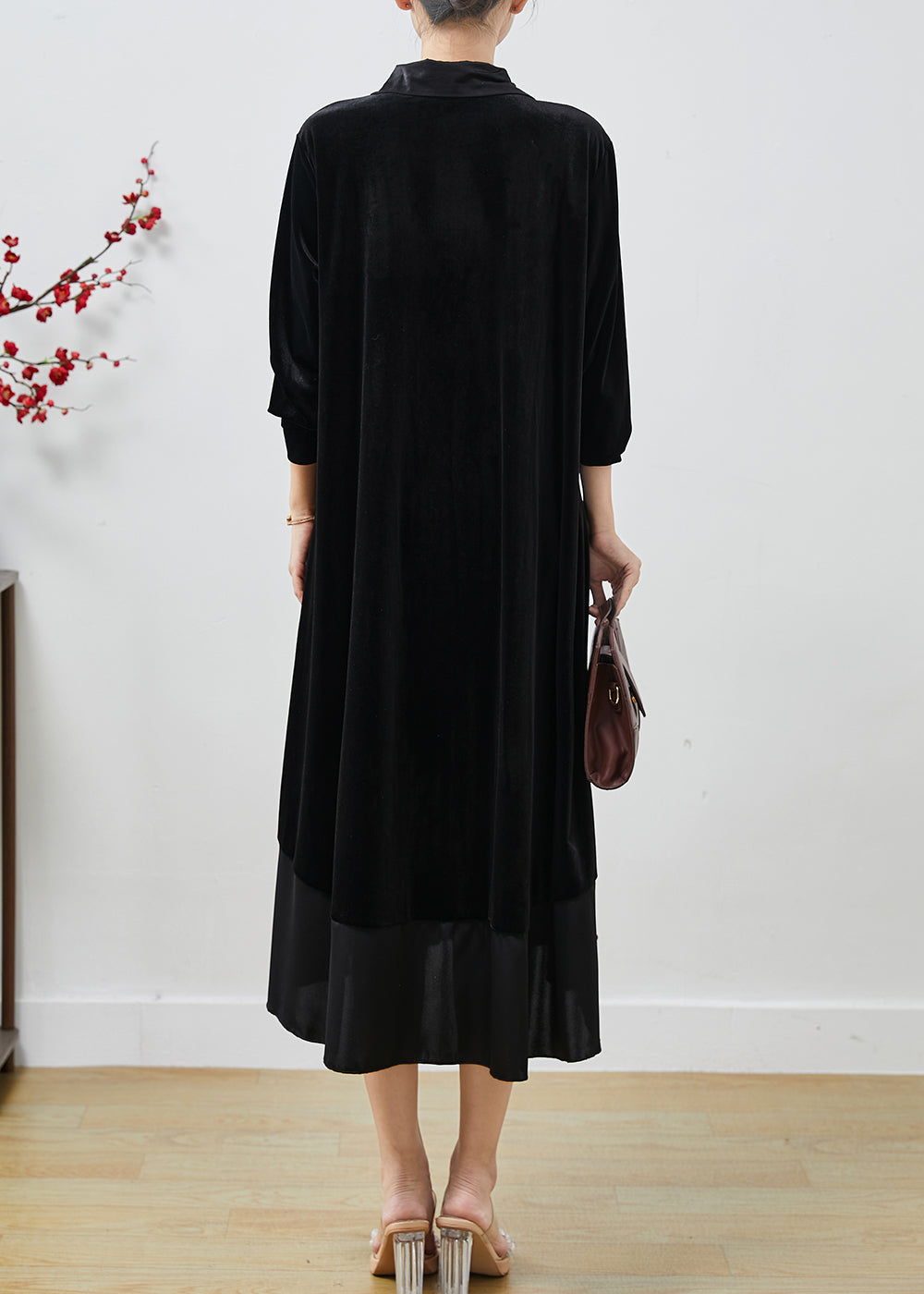 Beautiful Black Peter Pan Collar Patchwork Silk Velvet Dresses Fall