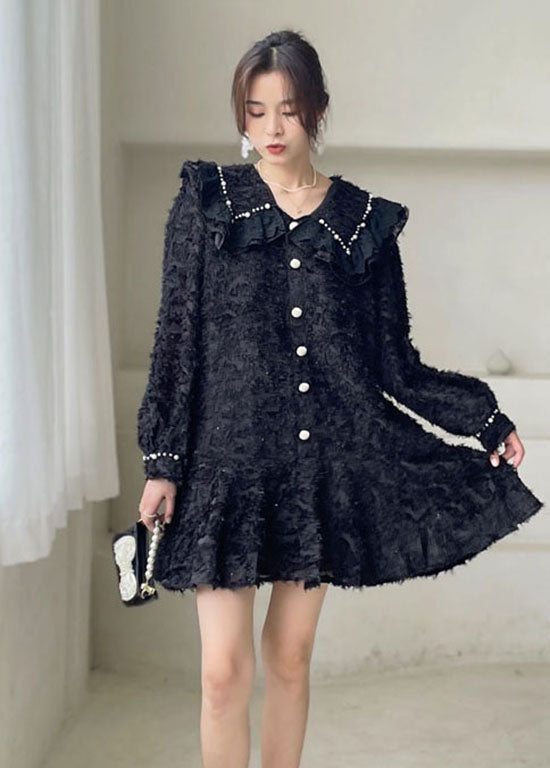 Beautiful Black Peter Pan Collar Ruffled Mini Dresses Spring