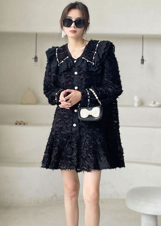 Beautiful Black Peter Pan Collar Ruffled Mini Dresses Spring