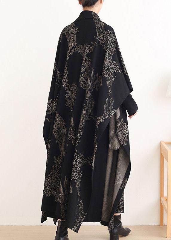 Beautiful Black Print Peter Pan Collar Button Long Trench coats