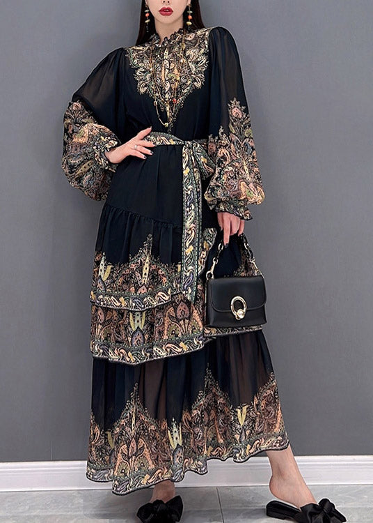 Beautiful Black Stand Collar Ruffled layered Print Chiffon Long Dress lantern sleeve