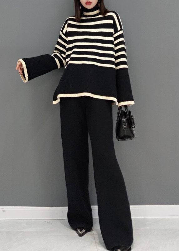 Beautiful Black Turtle Neck Striped Knit Two Piece Suit Set Spring