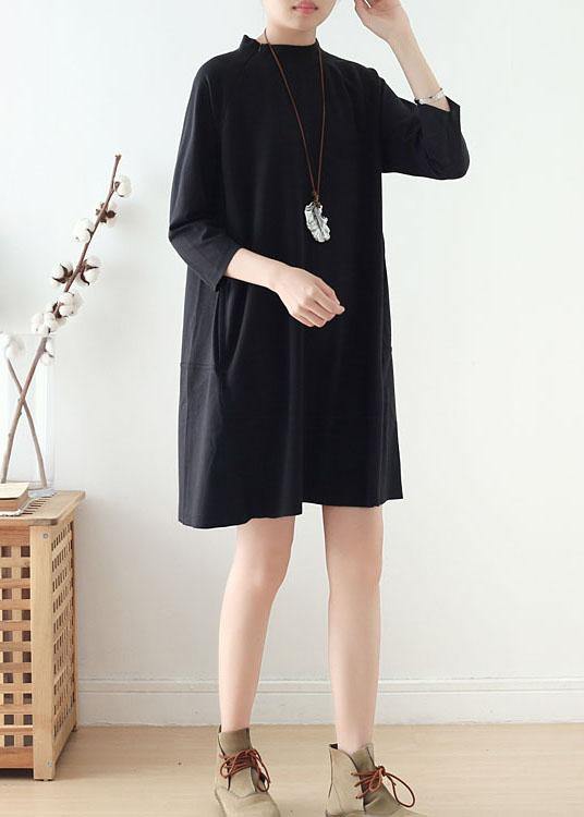 Beautiful Black zippered Cotton Long sleeve Pockets Fall Dress