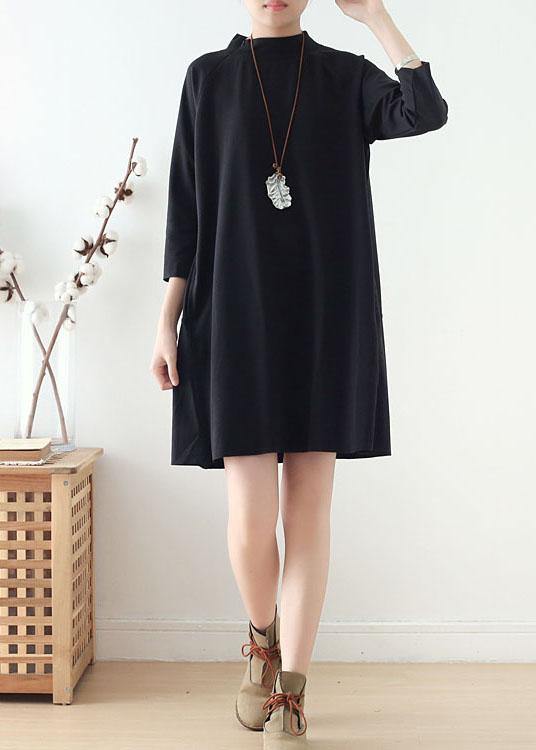 Beautiful Black zippered Cotton Long sleeve Pockets Fall Dress