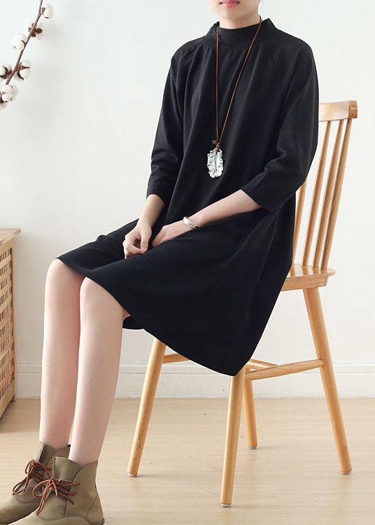 Beautiful Black zippered Cotton Long sleeve Pockets Fall Dress