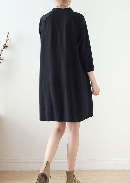 Beautiful Black zippered Cotton Long sleeve Pockets Fall Dress