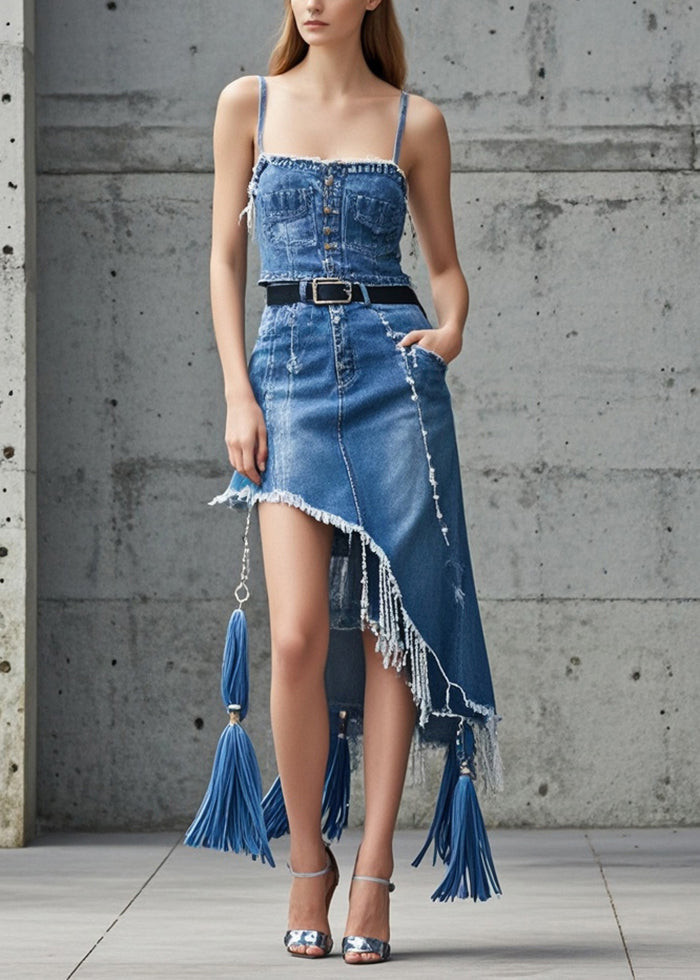 Beautiful Blue Asymmetrical Tasseled Denim Skirts Spring