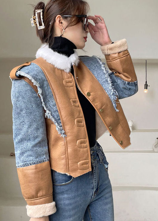 Beautiful Blue Asymmetrical denim Patchwork Jackets Winter