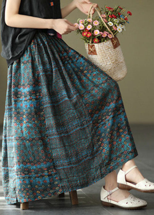 Beautiful Blue Elastic Waist Print Patchwork Linen Skirts Summer