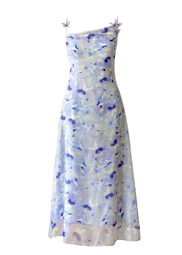 Beautiful Blue Floral Print Slim Fit Chiffon Holiday Spaghetti Strap Dress Summer