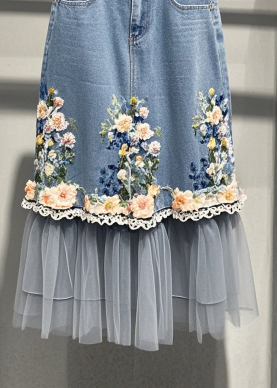 Beautiful Blue Flower Patchwork Tulle Denim Skirts Fall