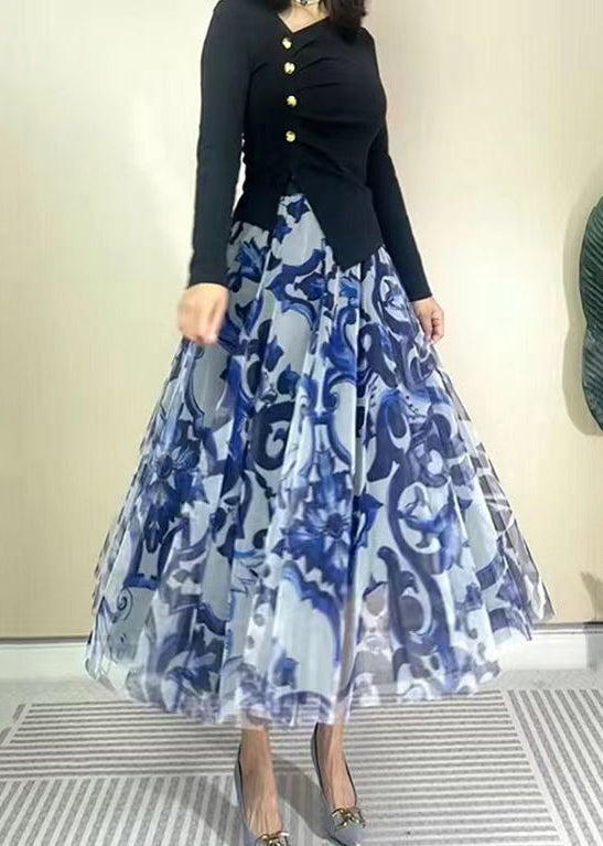 Beautiful Blue High Waist Print Wrinkled Tulle Skirt Spring